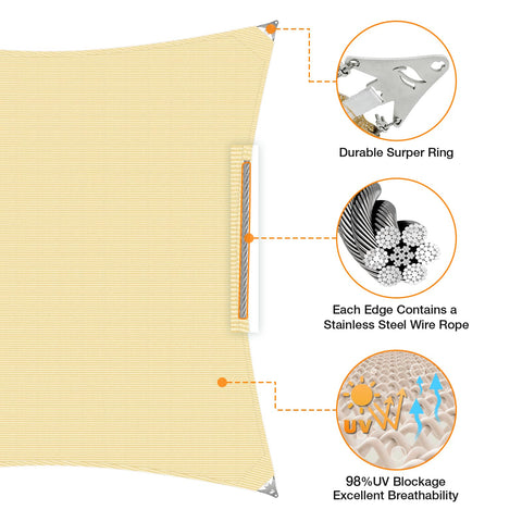 Diagram of Beige 24x24 Sun Shade Sail With Beefy Heavy Duty Stainless Wire Rope Kit Includes 8 Inch Hardware For Outdoor UV Block