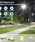 Beast Bright 150W LED Parking Lot Light With Dusk To Dawn Photocell Outdoor, illuminating a street under rain, IP65 weatherproof display
