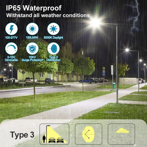 Beast Bright 150W LED Parking Lot Light With Dusk To Dawn Photocell Outdoor, illuminating a street under rain, IP65 weatherproof display