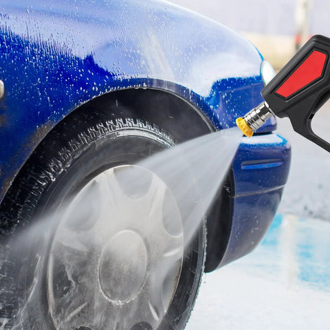 Heavy Duty Pressure Washer Short Gun With Swivel, 5000 PSI 10.5 GPM cleaning car wheel surface, showing water spray and nozzles.