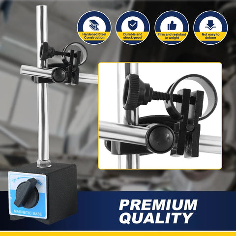 DASBET 110lb magnetic base stand with crossbar and dial indicator holder; adjustable clamp and ON/OFF switch.