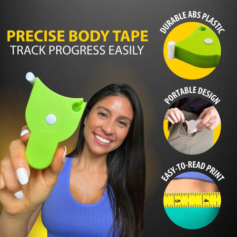 Smiling woman holding 80 Inch Automatic Telescopic Body Measuring Tape With Dual Color Yellow Side For Easy Circumference Readings.