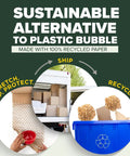 Green Packing Cushion Wrap That Expands To Fill Any Box, 12 Inch By 50 Foot, No Scissors Or Tape Needed shown with shipping boxes and recycling bin.