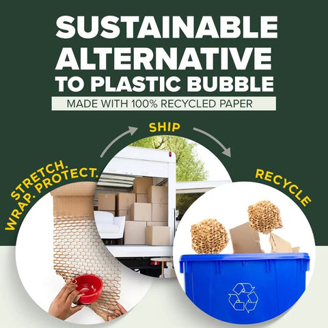 Green Packing Cushion Wrap That Expands To Fill Any Box, 12 Inch By 50 Foot, No Scissors Or Tape Needed shown with shipping boxes and recycling bin.