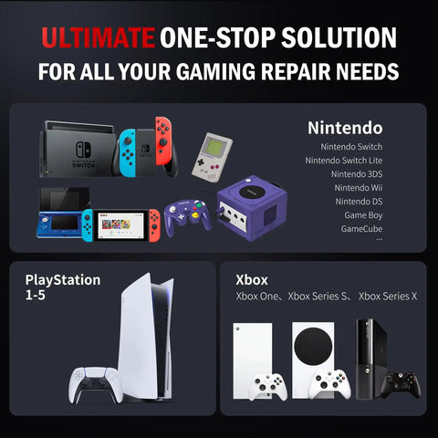 Collage of consoles compatible with 17 In 1 Gamebit And Tri Wing Screwdriver Repair Kit for Nintendo, Xbox, and PlayStation.