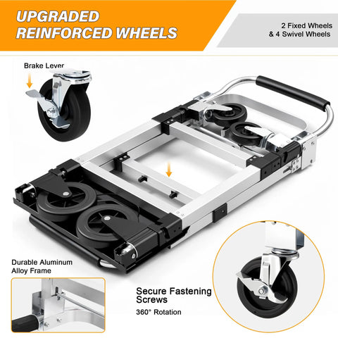 3 In 1 Convertible Hand Truck Folding Aluminum Dolly Cart With 2 Straps, Easy Setup And Smooth Transition Between Modes, Lightweight Yet Built Tough For Moving Boxes, Appliances, And Heavy Loads At Home, Workshop, Or Garage. Reinforced wheels and brake lever.