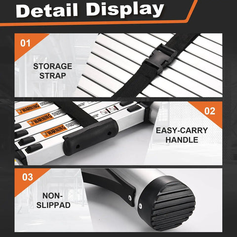 Detail display of telescoping ladder 12.5 ft aluminum lightweight extension with storage strap, handle, and non-slip pad.