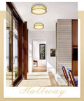 Sleek Dope 12 Inch LED Flush Mount Ceiling Light With Gold Finish And White Glass Shade in modern hallway.