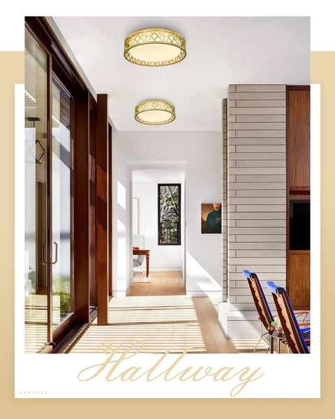 Sleek Dope 12 Inch LED Flush Mount Ceiling Light With Gold Finish And White Glass Shade in modern hallway.
