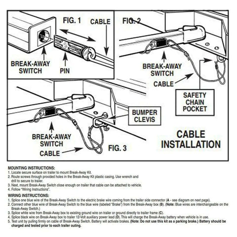 Diagram showing cable installation of 12V LED Trailer Breakaway Kit With Universal Brake Controls and Test LED Easy Install Breakaway System
