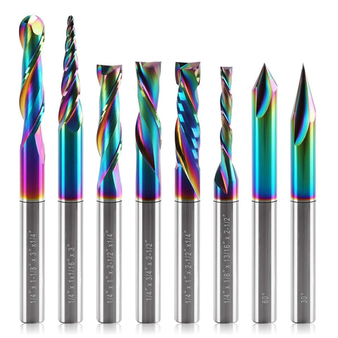Eight Piece DLC Coated CNC Router Bit Set With 1/4 Inch Shanks Built For Woodworking Pros, Solid Carbide End Mills in cases