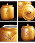 Big Ol Ceramic Rice Canister With Tight Lid For Keeping Flour Grains And Dry Goods Fresh, decorative yellow ceramic storage bin with floral design.