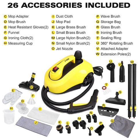 Heavy Duty Steam Cleaner With 52 Oz Large Tank And Incredible High Pressure Capability includes 26 accessories for versatile cleaning.