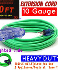 Heavy Duty 10 Gauge Extension Cord 50 Feet Indoor Outdoor With Three Outlets And Lighted Ends Triple Tap Power Cord