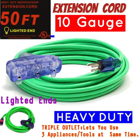Heavy Duty 10 Gauge Extension Cord 50 Feet Indoor Outdoor With Three Outlets And Lighted Ends Triple Tap Power Cord