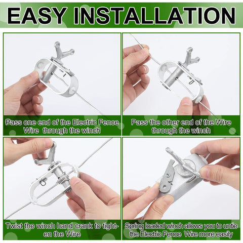 Installation steps for 12 Pack Aluminum Electric Fence Wire Strainers And Tensioners, showcasing hand operation steps.