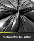Close-up of reinforced star seal bottom of 100 Count 55 To 60 Gallon Black Trash Bags Heavy Duty Tear Resistant And Extra Sturdy Commercial Can Liners For Big Jobs Like Lawn And Leaf Cleanup Outdoor Waste Hauling.
