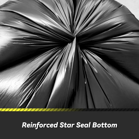 Close-up of reinforced star seal bottom of 100 Count 55 To 60 Gallon Black Trash Bags Heavy Duty Tear Resistant And Extra Sturdy Commercial Can Liners For Big Jobs Like Lawn And Leaf Cleanup Outdoor Waste Hauling.