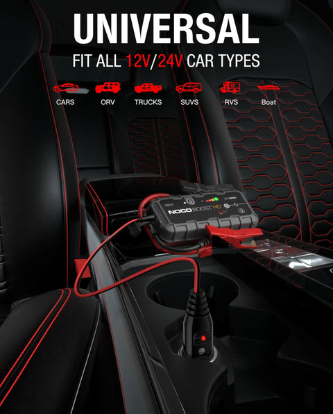 Heavy Duty 56W 14V DC Car Charger Adapter For NOCO Genius Boost Jump Starters connected in vehicle cup holder.