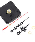 Black DIY Quartz Clock Movement Replacement Kit with Easy Install Tools showing mechanism, hands, washer, and nut.