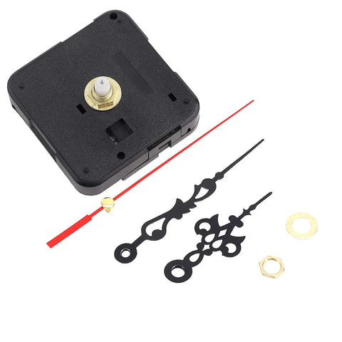 Black DIY Quartz Clock Movement Replacement Kit with Easy Install Tools showing mechanism, hands, washer, and nut.