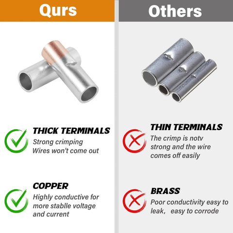 Comparison of 6 Gauge Non Insulated Butt Connectors With Heat Shrink Tubing Pure Copper Wire Splice Kit versus other thin terminals.