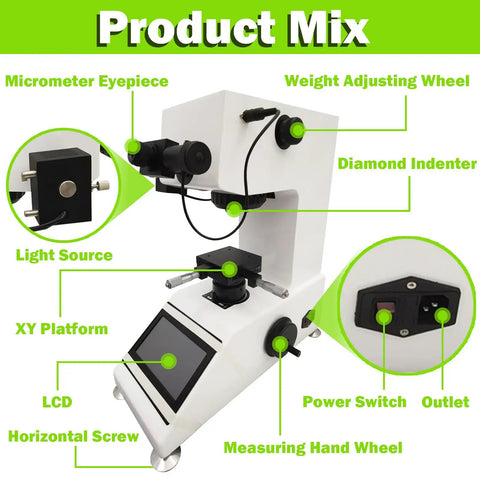 Heavy Duty Automatic Turret Digital Vickers Hardness Tester With Precision Touchscreen Display For Metal Steel Analysis features labeled components.