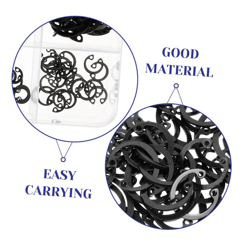 Close-up of Elastic Circlip Bearing Clips Set Assorted Retaining Rings Kit with metal snap rings and flat washers in box