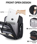 Front view of Hanke 16-inch underseat luggage with wheels, black; open shows laptop compartment and multiple pockets.