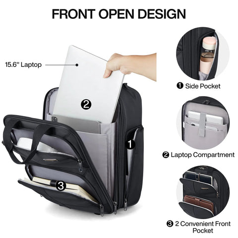 Front view of Hanke 16-inch underseat luggage with wheels, black; open shows laptop compartment and multiple pockets.