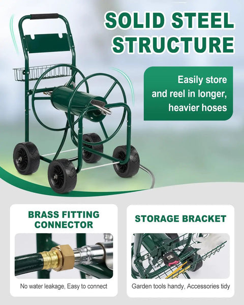 Heavy Duty Garden Hose Reel Cart With Four PU Wheels And Storage Basket Holds Up To 300 Ft Of 5/8 Inch Hose For Easy Outdoor Watering