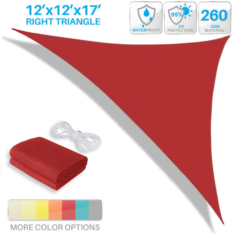 Waterproof Sun Shade Sail Right Triangle 12 Ft By 12 Ft By 17 Ft With Hardware Kit UV Block Awning Cloth, red color