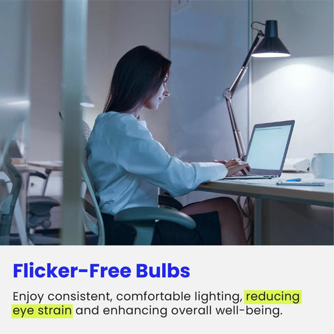 Woman working in an office lit by A19 LED Light Bulbs 60W Equivalent Non Dimmable, 800 Lumens, E26 Base, Daylight 5000K, 80 CRI