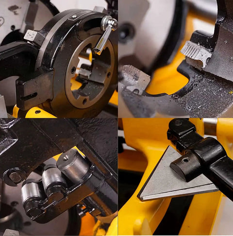 Pro Grade Heavy Hitter 1/2 To 4 Inch 220V Electric Pipe Threader 750W 3 In 1 Power Cutter close-up of threading gears and cutting tool.