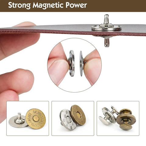 20 Sets 18mm Magnetic Button Clasp Snaps Fastener Kit With Install Tool For Sewing DIY Crafts Purses Bags Clothes Leather Round Silver And Bronze Durable Metal Finish For Long Lasting Wear shown in use and close-up
