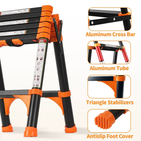 A Frame Telescoping Ladder With One Button Retraction showing aluminum frame, triangle stabilizers, and antislip foot cover details