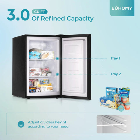 No Drama 3.0 Cu Ft Upright Mini Freezer With Single Door, Reversible Hinge, Black, interior view with food trays.