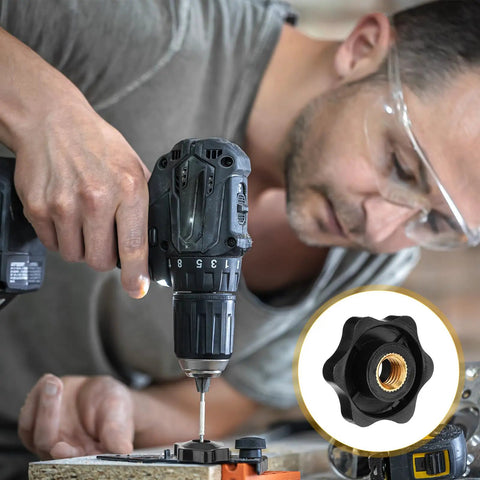 Top Shelf 10 Pack M8 Knurled Clamping Nuts With Slick Black Star Thumb Grips For Dead Simple Machinery Maintenance and Knockout Reliable Latch Adjustments, close-up of black star grip being used with a drill.