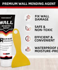 All In One Drywall Repair Kit For Quick Holes And Cracks Patch Putty with yellow scraper, wall mending agent visible