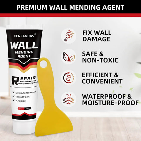 All In One Drywall Repair Kit For Quick Holes And Cracks Patch Putty with yellow scraper, wall mending agent visible