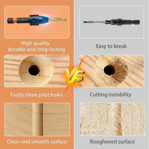 Comparison of Premium Dope Wood Countersink Drill Bit Set With Titanium Coated HSS vs standard bit showing durability and finish quality