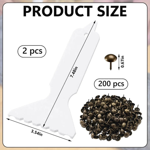 7.5 Inch Quick Fancy Nailer Spacer Set With Two White Spacers And 200pcs Antique Bronze Round Decorative Nails For Furniture Renovation Upholstery Diy Craft Projects That Gonna Hit Different showing spacer size and nail details.