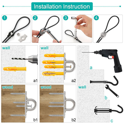 Installation steps showing Sun Shade Sail Hardware Kit With 4 Pack 10ft Extension Nylon Wire Rope And 304 Stainless Steel Fittings
