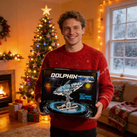 Person holding Myth Qholve Mechanical Blue Dolphin Cool Building Blocks Sets Hands On Motion Exposed Gear Design Display And Play Model