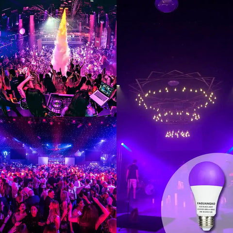 LED Black Light Bulbs 6 Pack 9W Equivalent 75W A19 UV 390 To 400nm Glow In The Dark 120V E26 Medium Base Not Dimmable shown at blacklight party