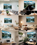Decorative Acoustic Wall Panels With Heavy Duty Adhesive Peel And Stick Sound Proof Foam Tiles For No Sweat Noise Dampening Breezy Setup For Echo Reduction Stylish Mountain Lake View Design A Solid Block For Fresh Vibes 48 By 32 Inches in various interior settings.