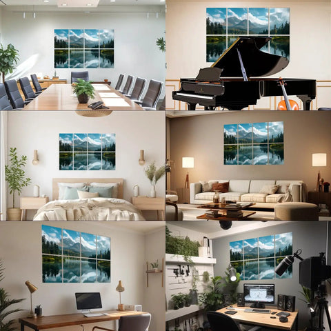 Decorative Acoustic Wall Panels With Heavy Duty Adhesive Peel And Stick Sound Proof Foam Tiles For No Sweat Noise Dampening Breezy Setup For Echo Reduction Stylish Mountain Lake View Design A Solid Block For Fresh Vibes 48 By 32 Inches in various interior settings.