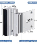 Close-up of Six Pack Home Security Door Lock Reinforcement Kit with measurements showing heavy-duty hinge and firm screws.