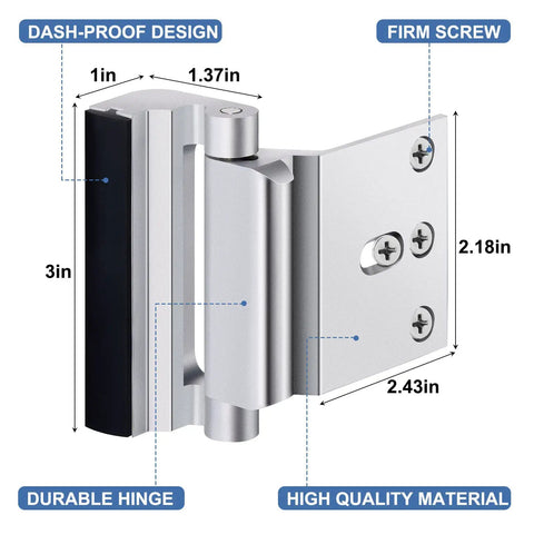 Close-up of Six Pack Home Security Door Lock Reinforcement Kit with measurements showing heavy-duty hinge and firm screws.