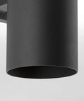 Close-up of black 5 Inch Cylinder Outdoor LED Wall Sconce With 2 Lights Up And Down, Slick Aluminum Black Wall Mount Lighting
